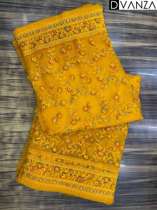 Skoch Net Saree: Embroidered with Viscose Threads, Frills Work