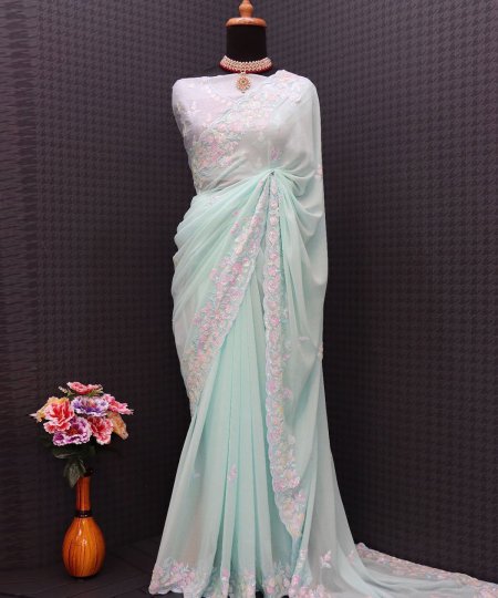 sky blue Embroidered Georgette Designer Saree dvz0003759