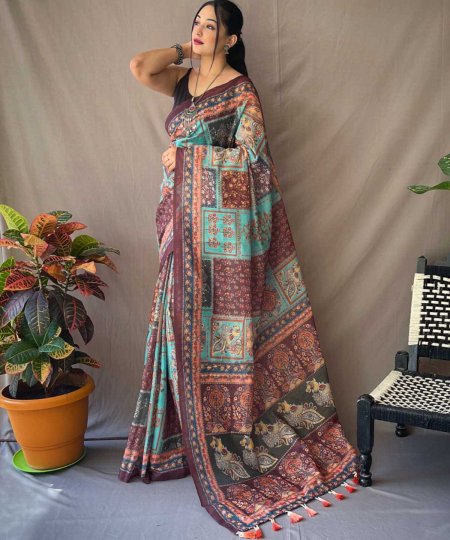 sky blue Malai Cotton Kalamkari Print Party wear Saree dvz0003588