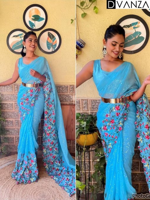 sky blue Ready To wear Sequin Designer Saree dvz0003917