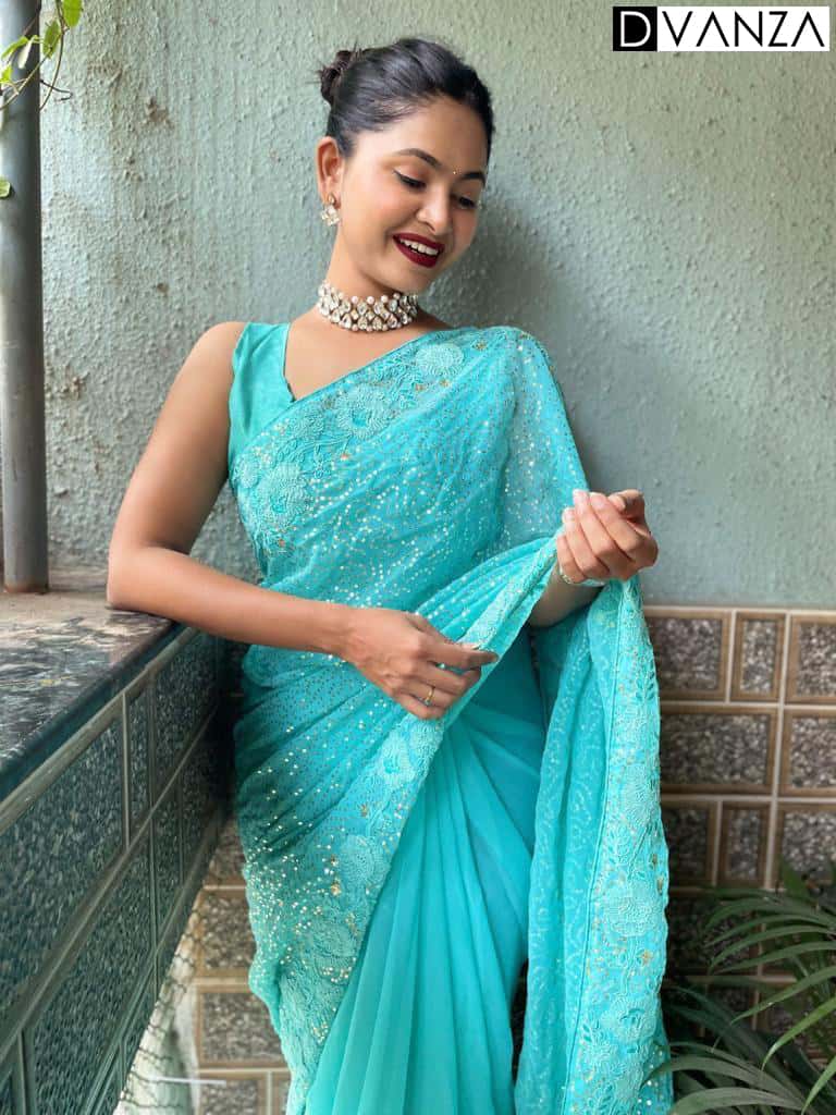 sky blue Sequins Work saree for Party