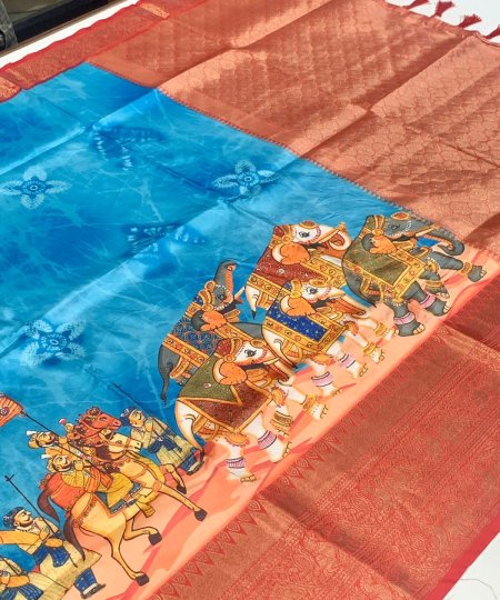 Sky Soft Banarasi Silk Kalamkari Block Print unique saree - dvz0003613