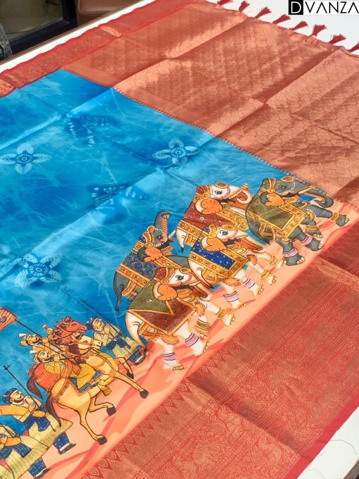 Sky Soft Banarasi Silk Kalamkari Block Print unique saree - dvz0003613