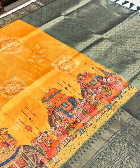 yellow-soft-banarasi-silk-kalamkari-block-print-saree-dvz0003614