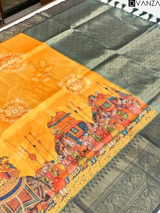 yellow-soft-banarasi-silk-kalamkari-block-print-saree-dvz0003614