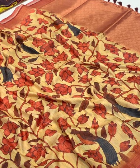 Soft Banarasi Ghicha Silk Saree with Kalamkari Print Elegant and Timeless