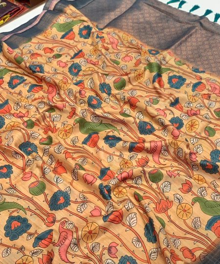 Soft Banarasi Ghicha Silk Saree with Kalamkari Print Elegant and Timeless