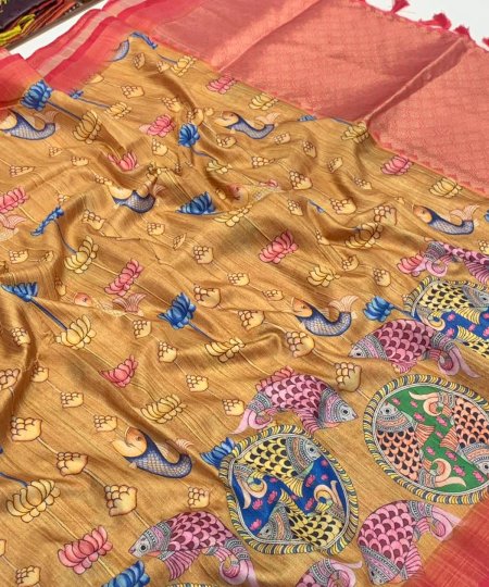 Soft Banarasi Ghicha Silk Saree with Kalamkari Print Elegant and Timeless