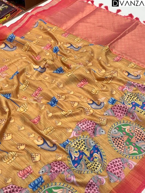 Soft Banarasi Ghicha Silk Saree with Kalamkari Print Elegant and Timeless