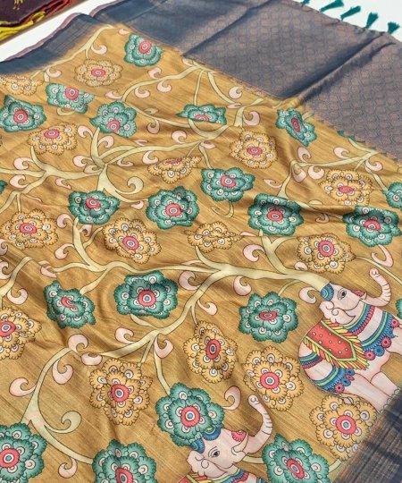 Soft Banarasi Ghicha Silk Saree with Kalamkari Print Elegant and Timeless