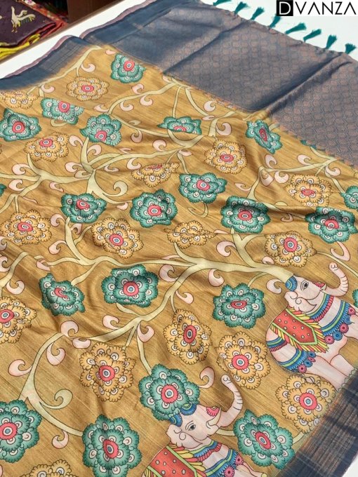 Soft Banarasi Ghicha Silk Saree with Kalamkari Print Elegant and Timeless