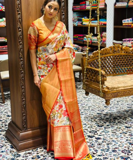 Soft Banarasi Silk Kalamkari Print Designer Party Wear Sare