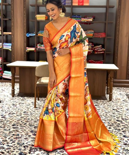 Soft Banarasi Silk Kalamkari Print Designer Party Wear Sare