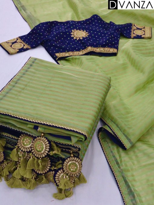 Soft Organza with Stripe Zari Weaving Sarees and Soft Silk Designer Blouses Online