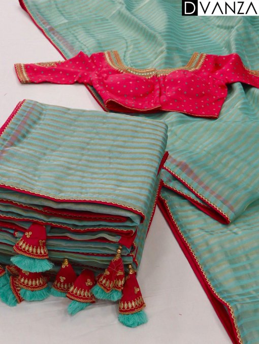 Soft Organza with Stripe Zari Weaving Sarees and Soft Silk Designer Blouses Online