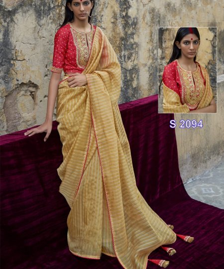 Soft Organza with Stripe Zari Weaving Sarees and Soft Silk Designer Blouses Online