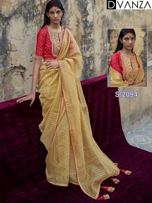 Soft Organza with Stripe Zari Weaving Sarees and Soft Silk Designer Blouses Online