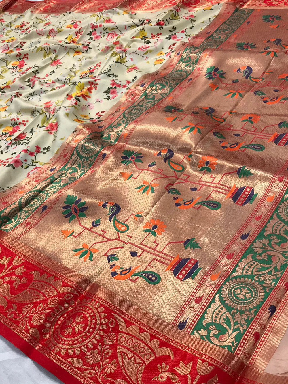 Soft Paithani Silk Saree with All Over Floral Print - dvz0003339