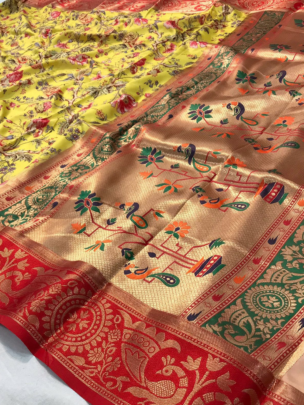 Soft Paithani Silk Saree with All Over Floral Print - dvz0003345