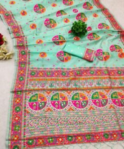 Teal Kashmiri Pashmina Silk Saree with colorful Meena weaving and a designer pallu.