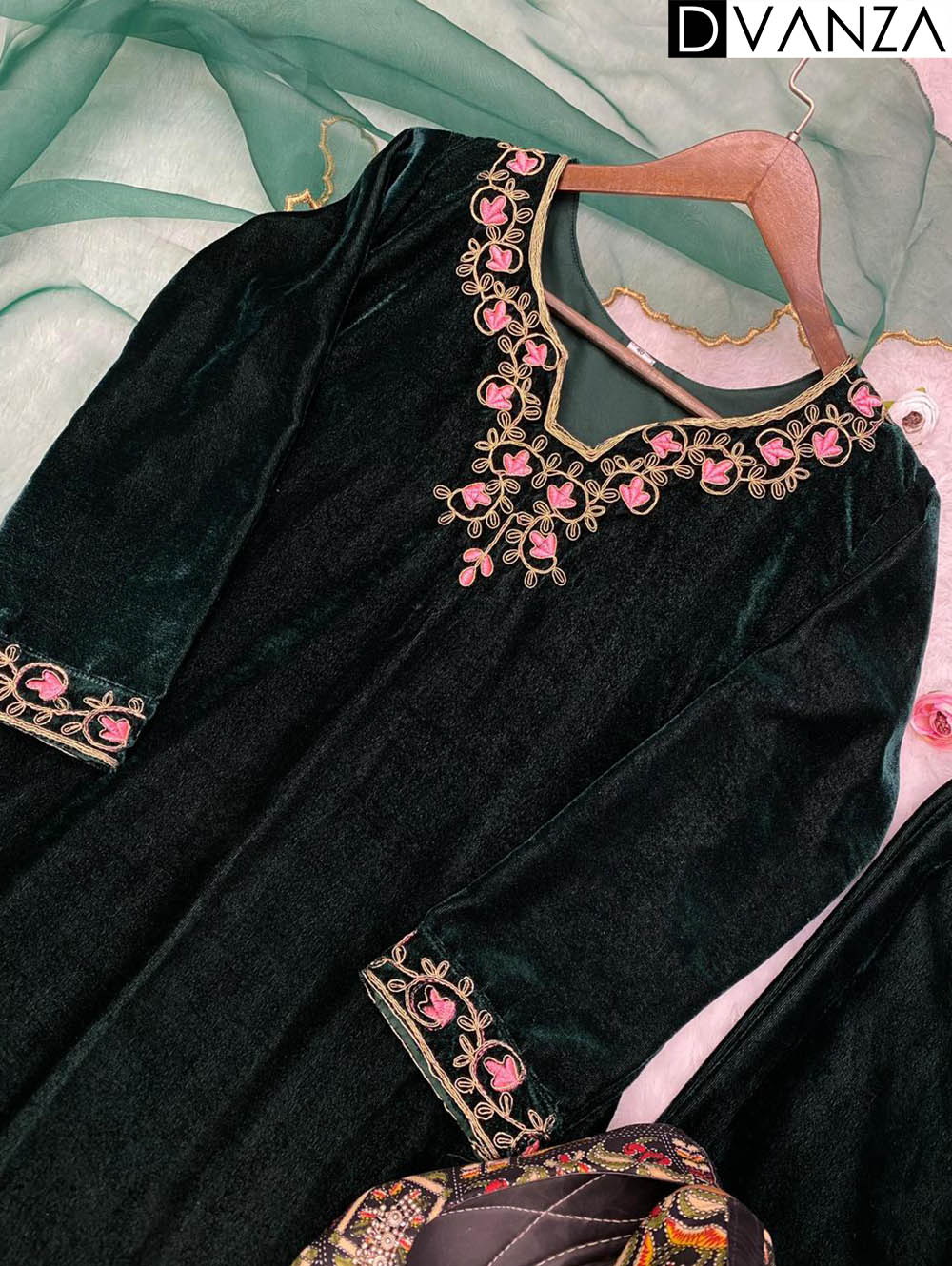 Top Pant and Dupatta Set in Luxurious Green Velvet