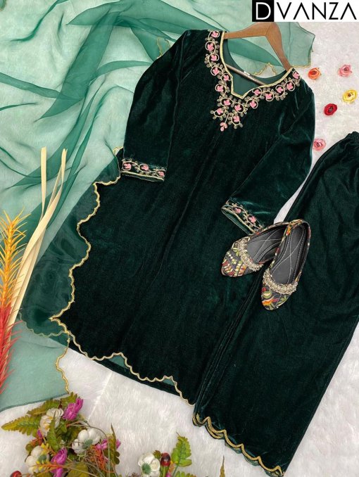 Top Pant and Dupatta Set in Luxurious Green Velvet