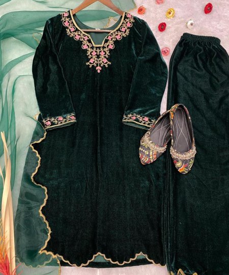 Top Pant and Dupatta Set in Luxurious Green Velvet