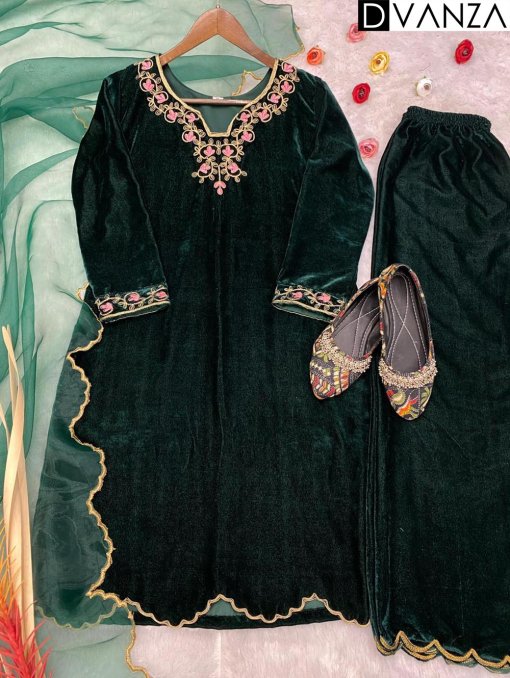 Top Pant and Dupatta Set in Luxurious Green Velvet