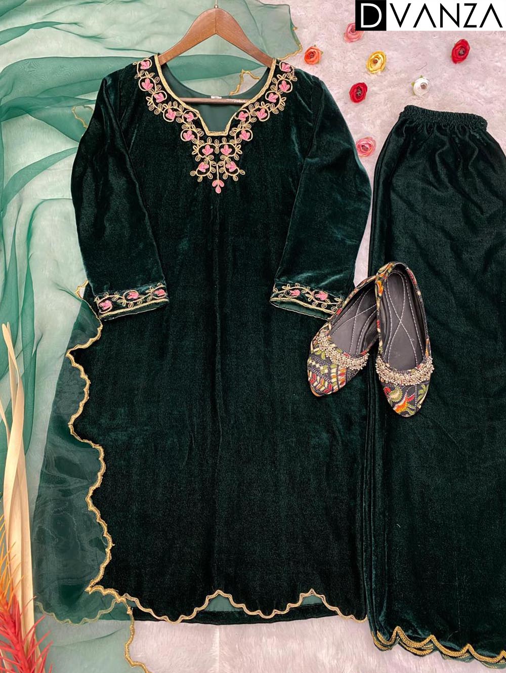 Top Pant and Dupatta Set in Luxurious Green Velvet