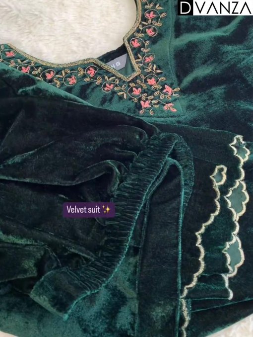 Top Pant and Dupatta Set in Luxurious Green Velvet