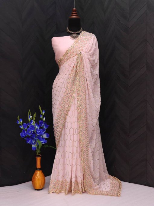 trendy Pink Sequinned Georgette Saree dvz0003550