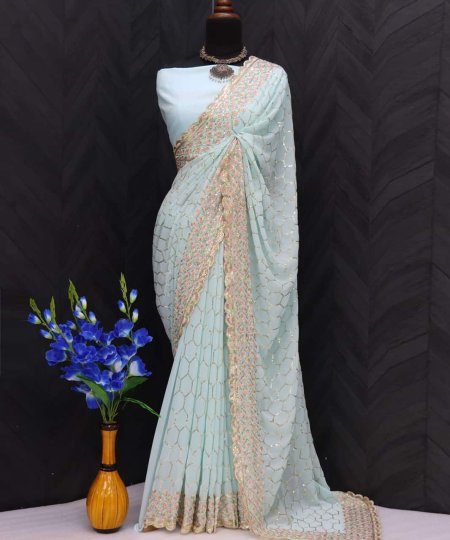 trendy sky blue Sequinned Georgette Saree dvz0003550