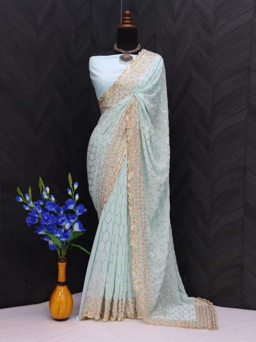 trendy sky blue Sequinned Georgette Saree dvz0003550