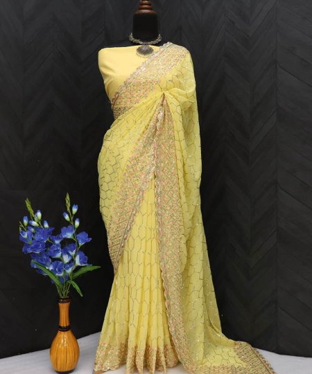 trendy yellow Sequin Georgette Saree dvz0003550