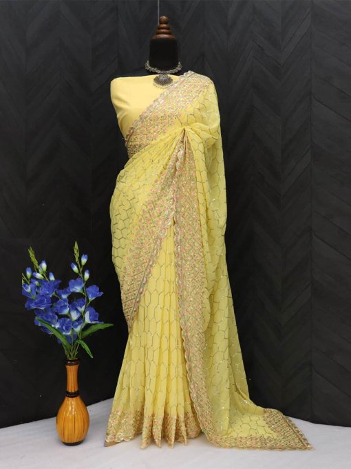 trendy yellow Sequin Georgette Saree dvz0003550