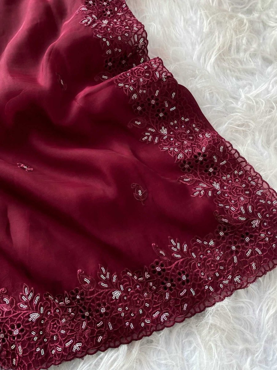 wine Organza Zari Sequins Work Saree DV437
