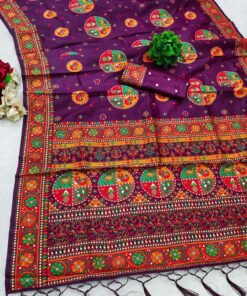 Wine Kashmiri Pashmina Silk Saree with intricate Meena weaving and fancy tassels.