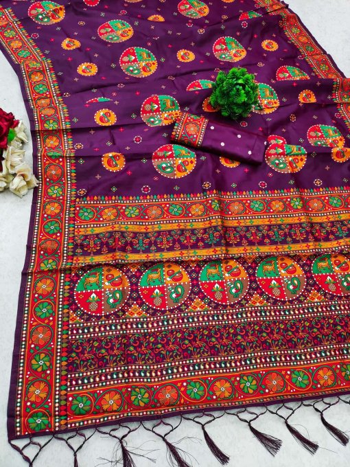 Wine Kashmiri Pashmina Silk Saree with intricate Meena weaving and fancy tassels.