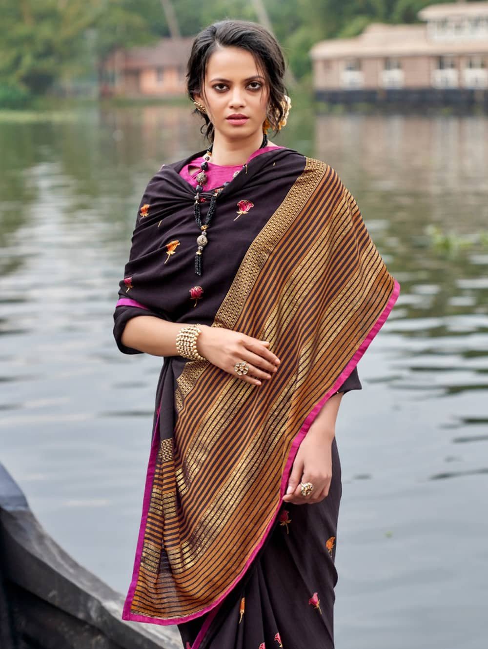 women's Italian Chiffon Saree in Purple With Foil Print dvz0001798-2