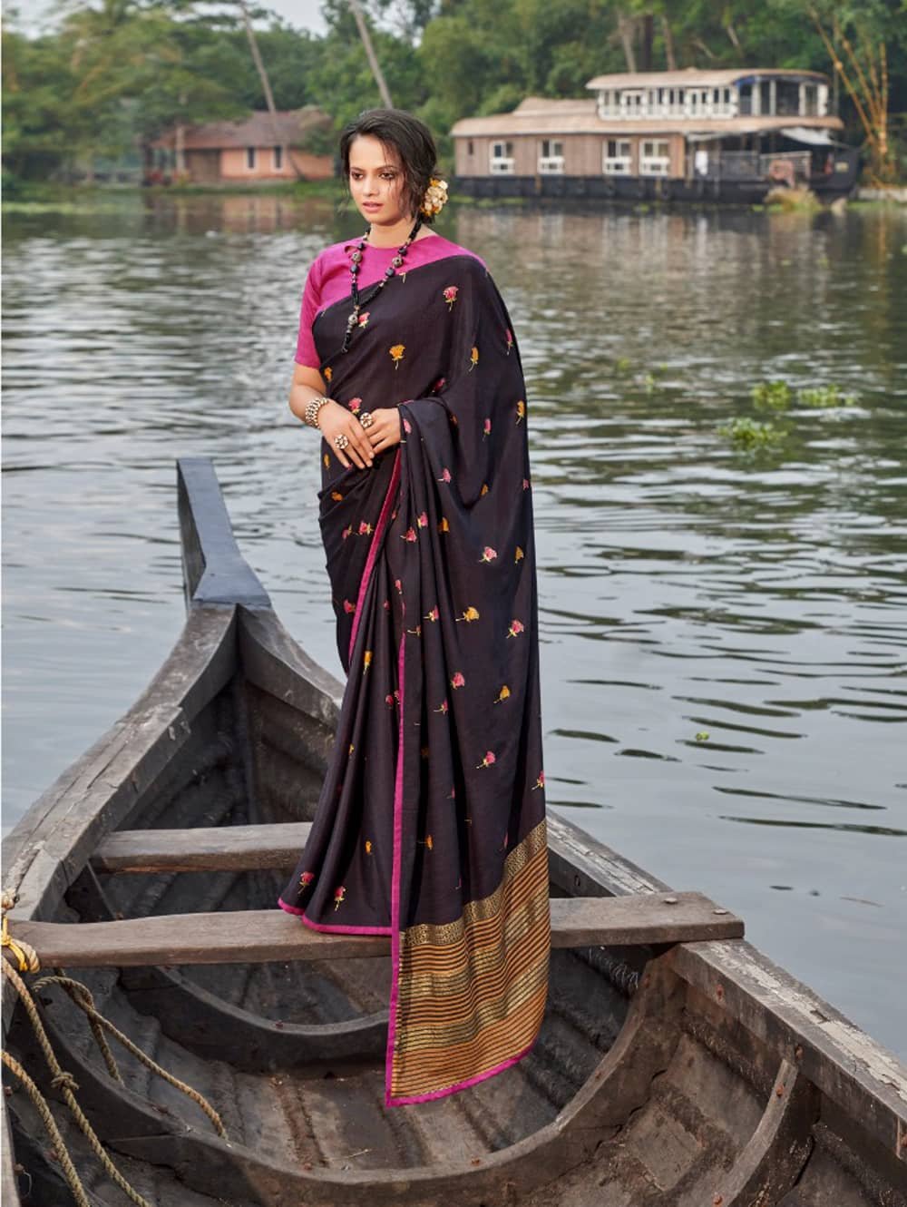 women's Italian Chiffon Saree in Purple With Foil Print dvz0001798