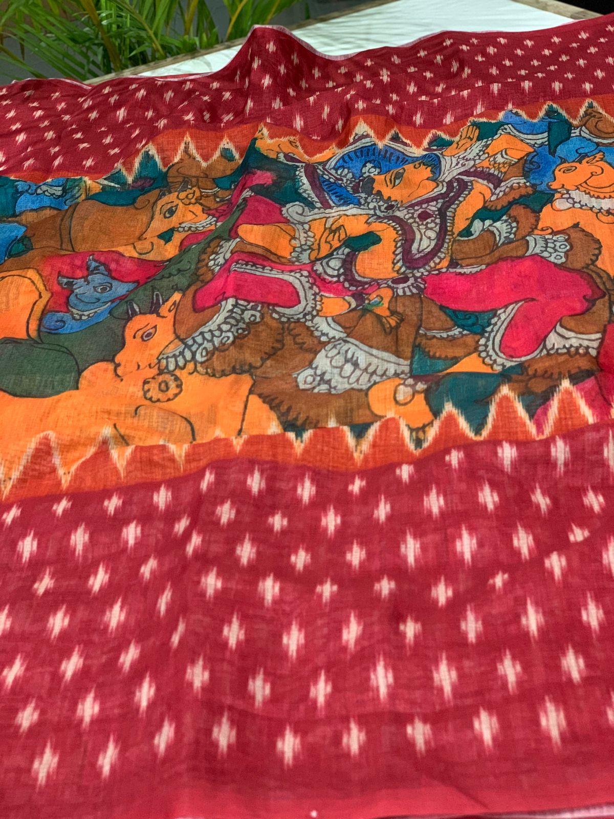 women's Kalamkari Designed Linen Blend Printed Saree dvz0002819