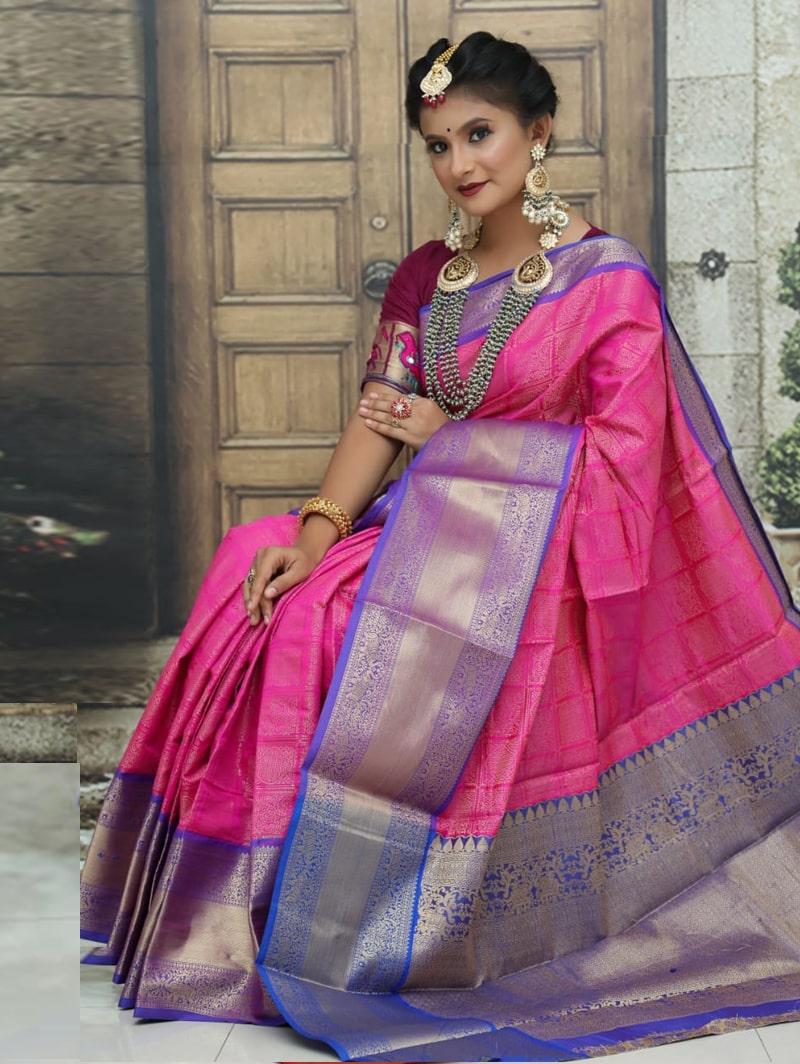 women's Kanchipuram soft silk saree in Pink dvz0002587 - Dvanza.com