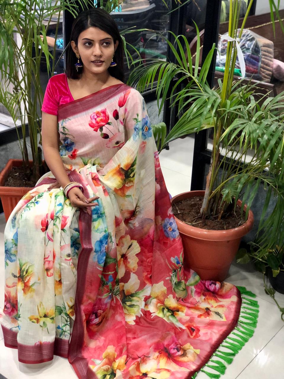 women's linen digital print party wear sarees online dvz0001907