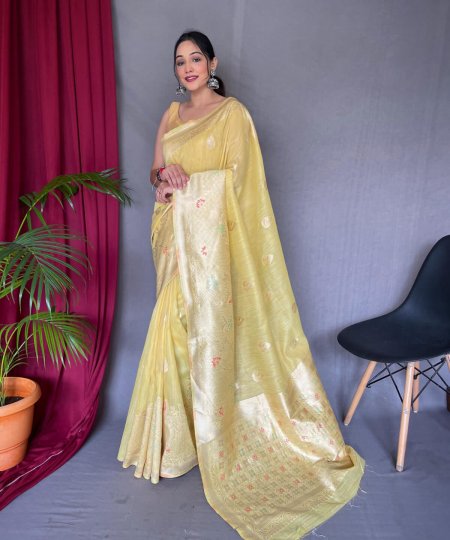 yellow Linen Silk Saree dvz0003898