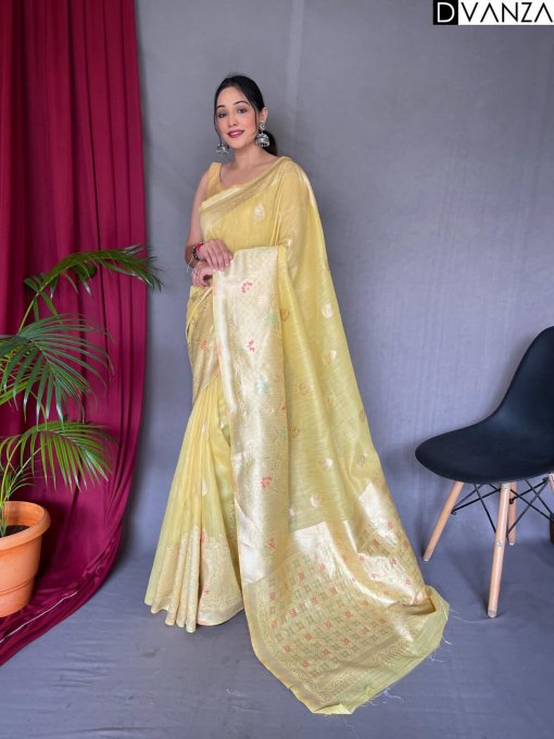 yellow Linen Silk Saree dvz0003898