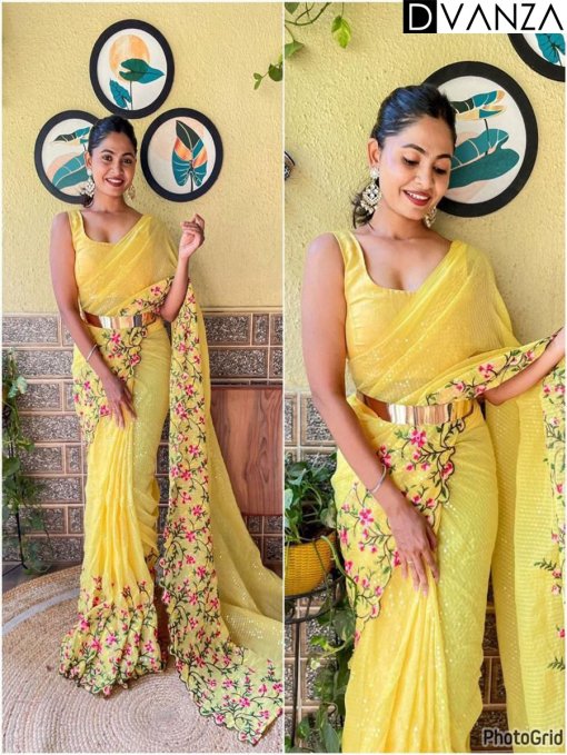 yellow Ready To wear Sequin Designer Saree dvz0003917