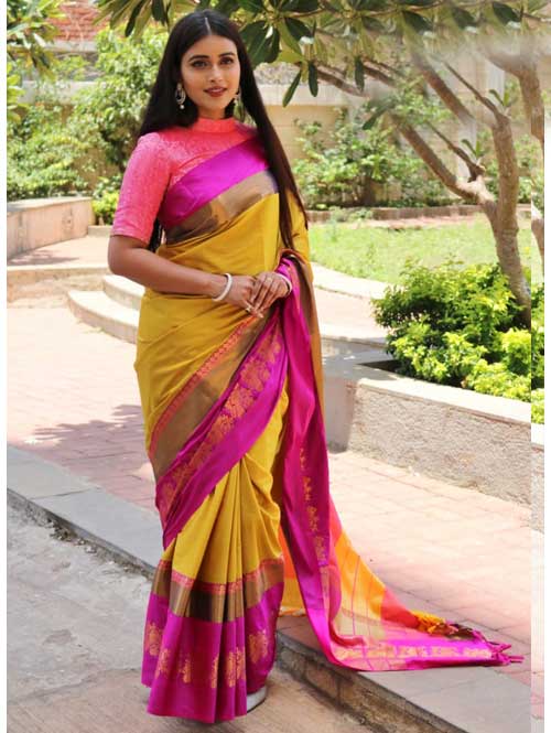 Yellow Cotton Silk Saree with Extra Blose Piece - Rich Mayurica - Buy now