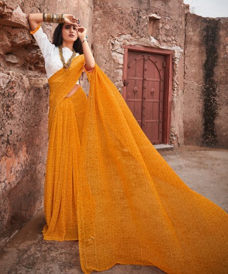 Yellow Crush Georgette Saree With Mirror Blouse - dvz0003229