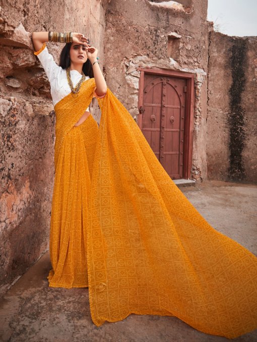 Yellow Crush Georgette Saree With Mirror Blouse - dvz0003229