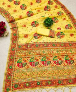 Yellow Kashmiri Pashmina Silk Saree with vibrant Meena weaving and a designer pallu.